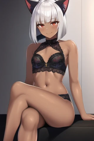 Bob, Orejas de gato, Pechos pequeños, Obra maestra, Piel bronceada, Sonrisa seductora, Cruce de piernas, Ropa interior